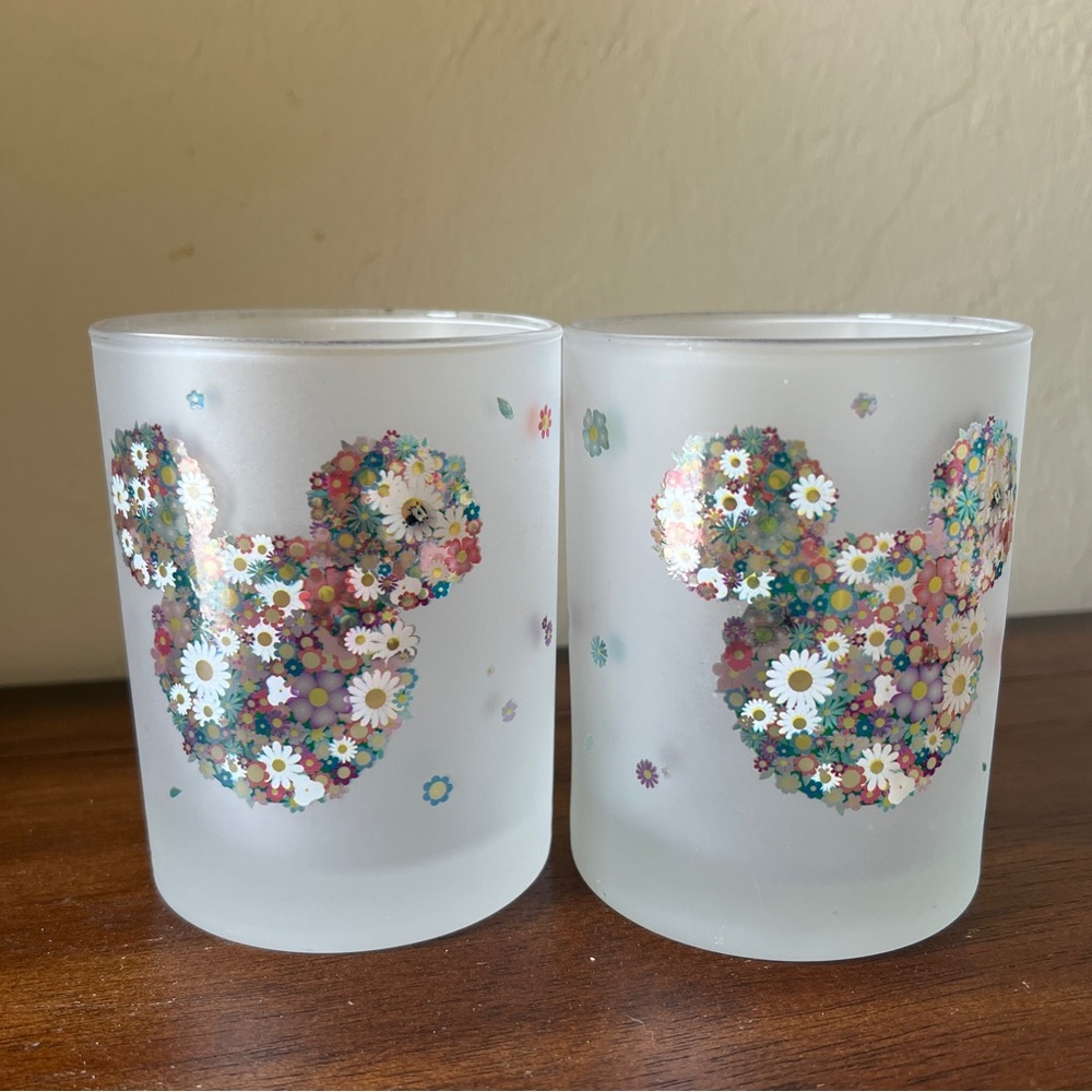 Disney Mickey & Minnie Mouse Floral Frosted Glass Cup Set